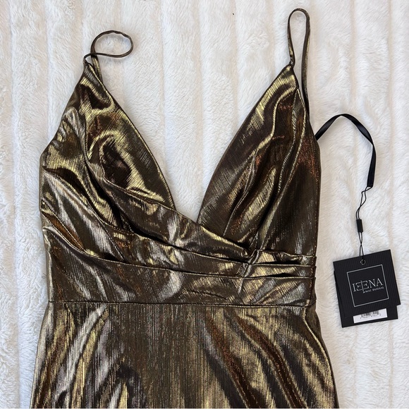 IEENA FOR MAC DUGGAL bronze shimmer metallic faux wrap cocktail dress - Picture 5 of 10